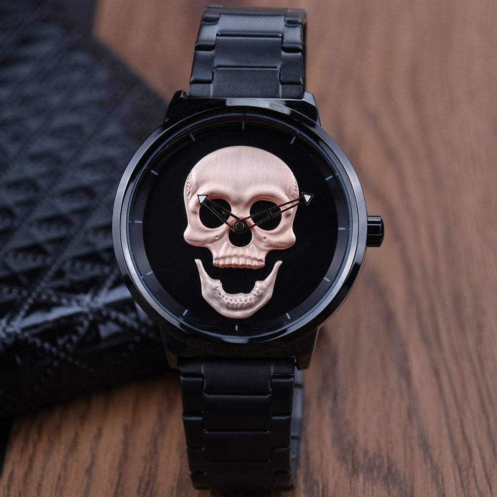 AISHY Fashion Men's Waterproof Stainless Steel Belt Skull Head Leather Copy Watch Ghost Head Male Wristwatches Reloj Hombre
