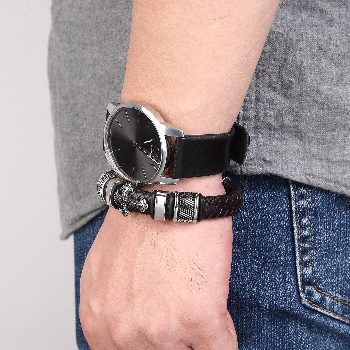 Fashion Punk Genuine Leather Man Cross Bracelet High Quality