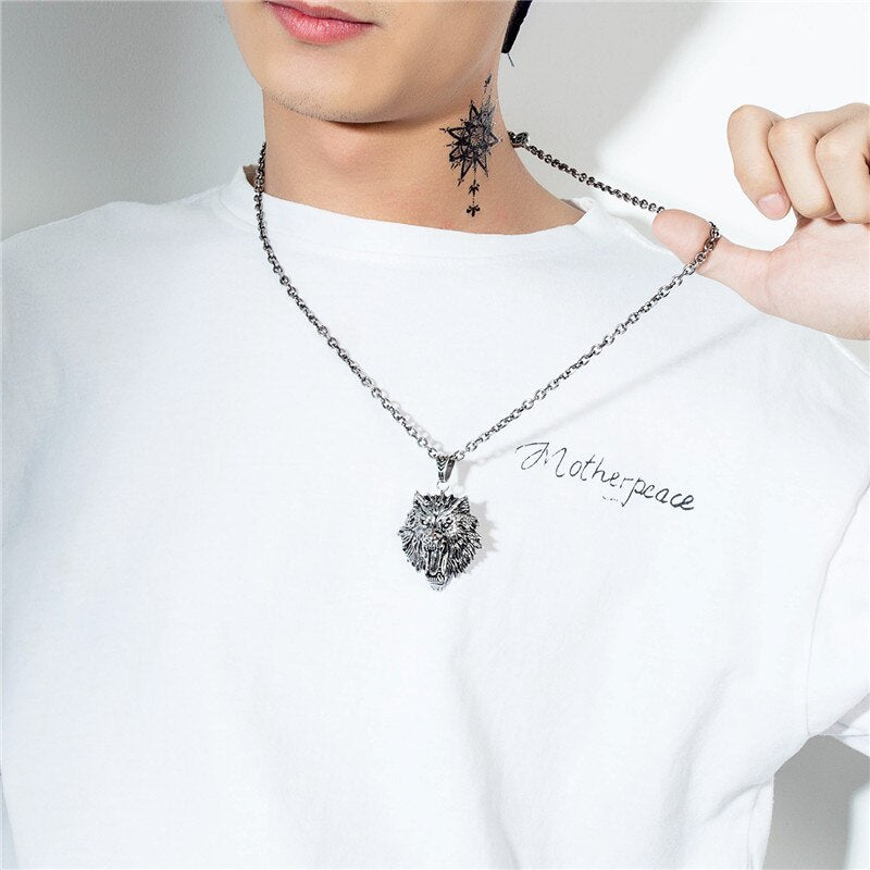 stainless steel hot sell wolf men necklace Punk Vintage wolf head pendant