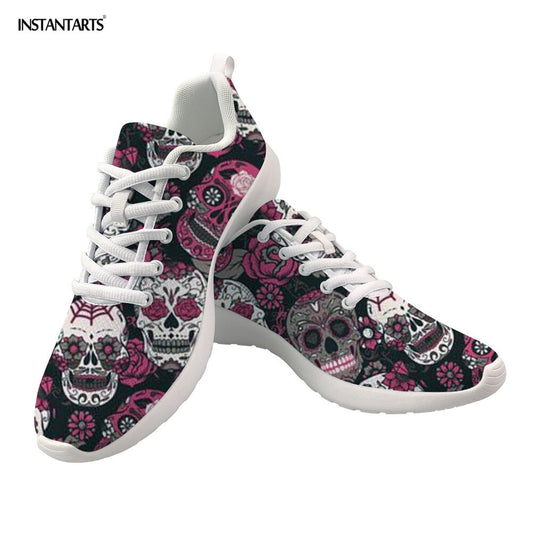 Classic Sugar Skulls Printed Flat Sneakers Gothic Casual Mesh Lace Sprot Women Shoes