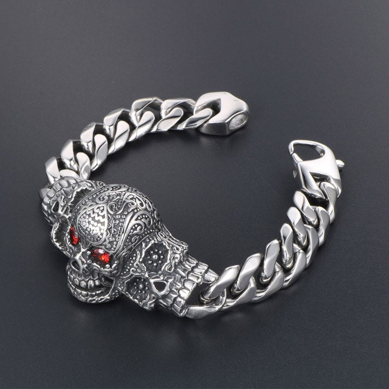 220mm Men's Titanium Steel Big Skull with Red Cubic Zirconia Bracelet