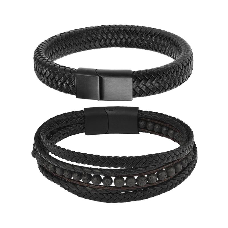 2pcs/set Black Leather Bracelets Men Natural Stone Beaded Stainless Steel