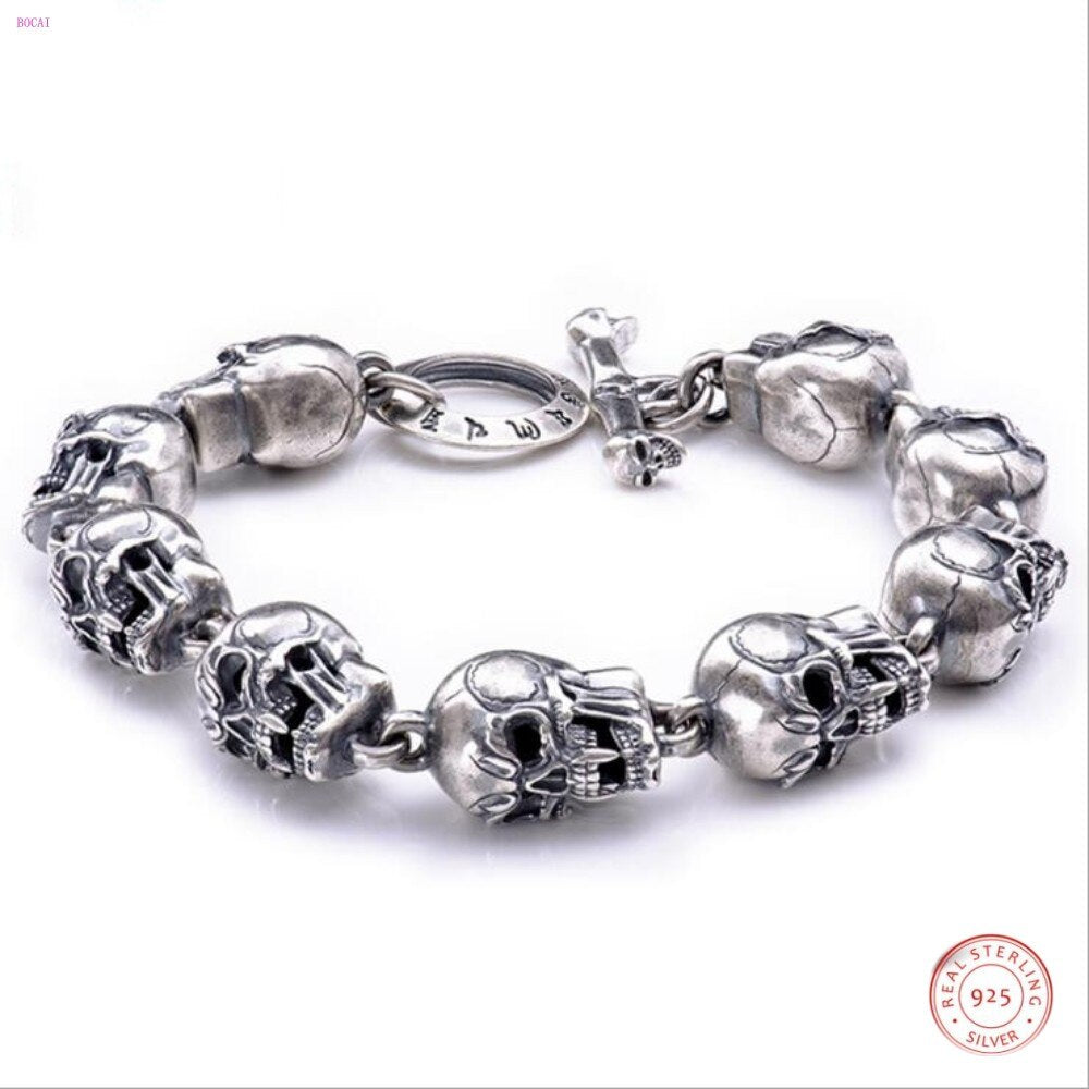 S925 Silver Bracelet Skull Retro Rock Hip-Hop BraceletPunk Silver