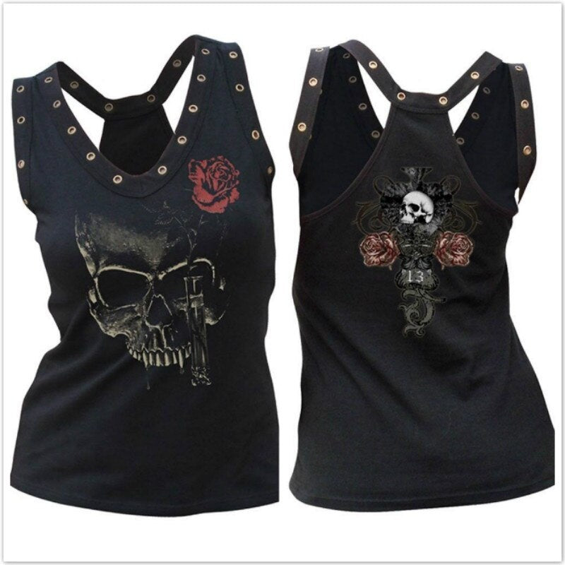 Women Sexy Vest Gothic Street Casual Vest Skull Print Sexy Top Top