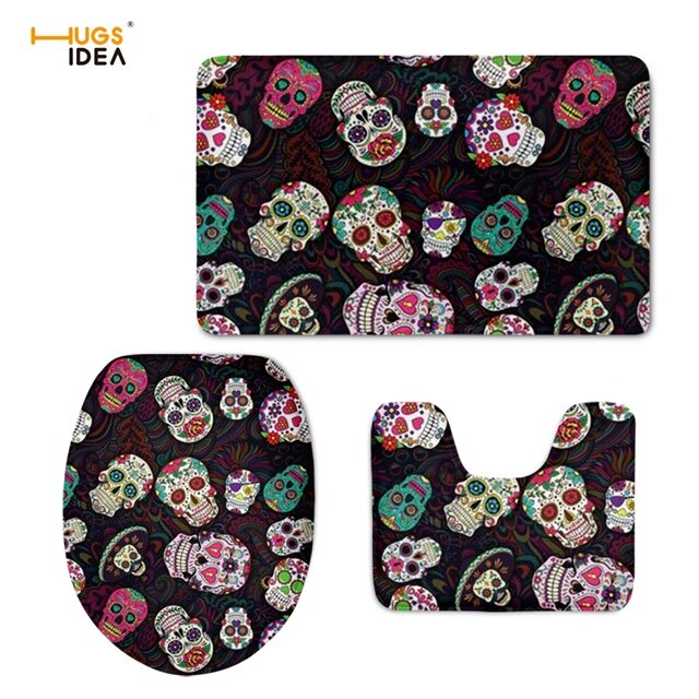 Sugar Skulls Bathroom Seat Cover Set Halloween Skull Design Toilet Carpet Cover