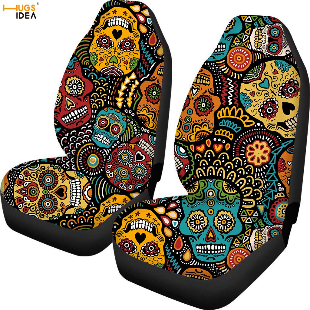 2Pcs Sugar Skull Car Seat Cover SUV Interior Decoration Sheet Cushion Protector Anti Dirty