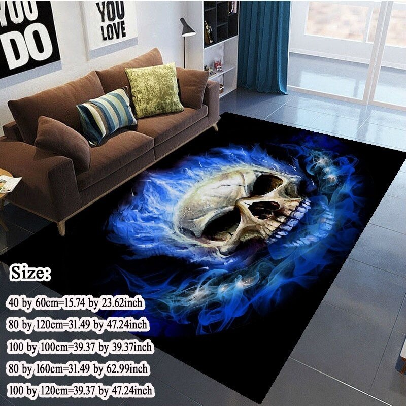 Flame Skull Gothic Rectangular Carpets blue flame Anti slip Decorative Floor Mat