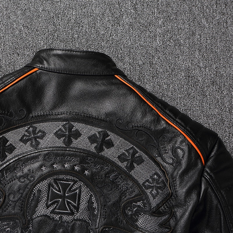 New Skull Embroidery Men's First Layer Cowhide Leather Jacket Motorcycle Slim Oversize Coat