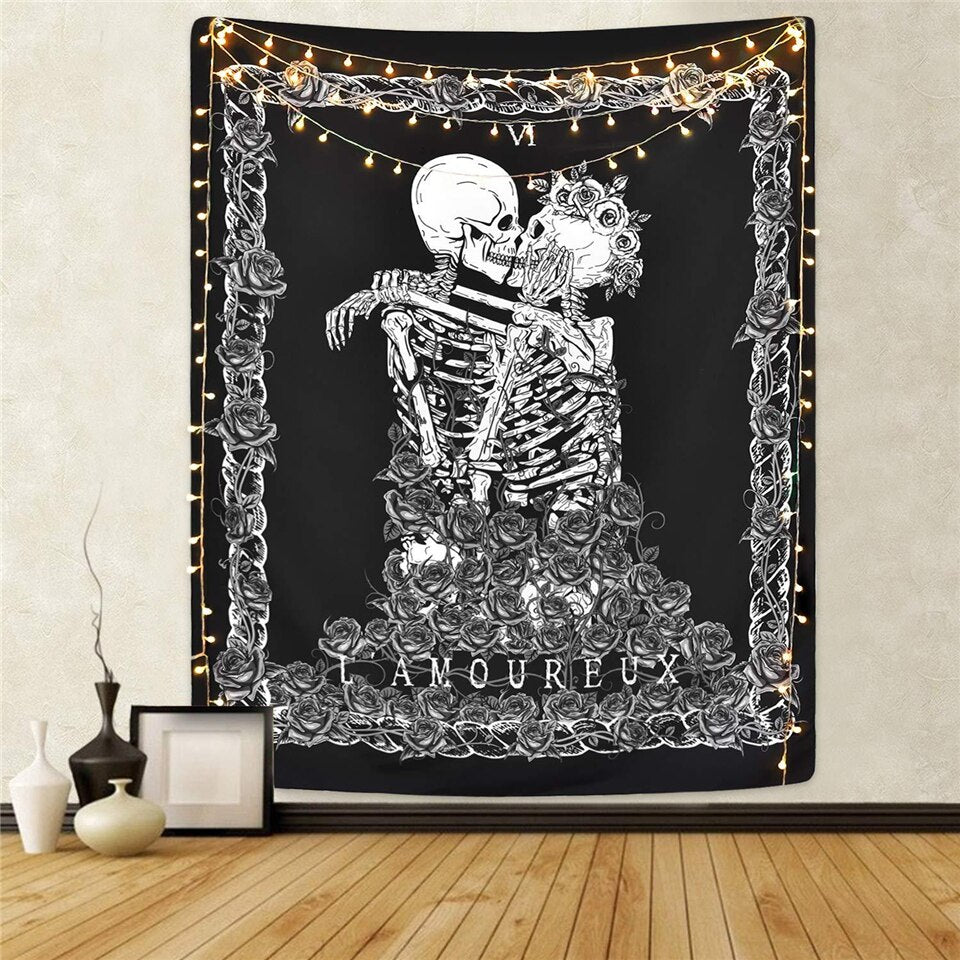 Skull King Meditating In Flowers Moon Tapestry Mandala Carpet