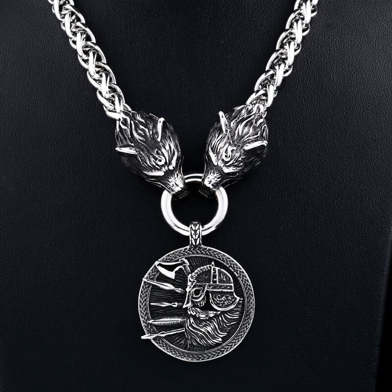Men stainless steel necklace viking wolf head with Odin