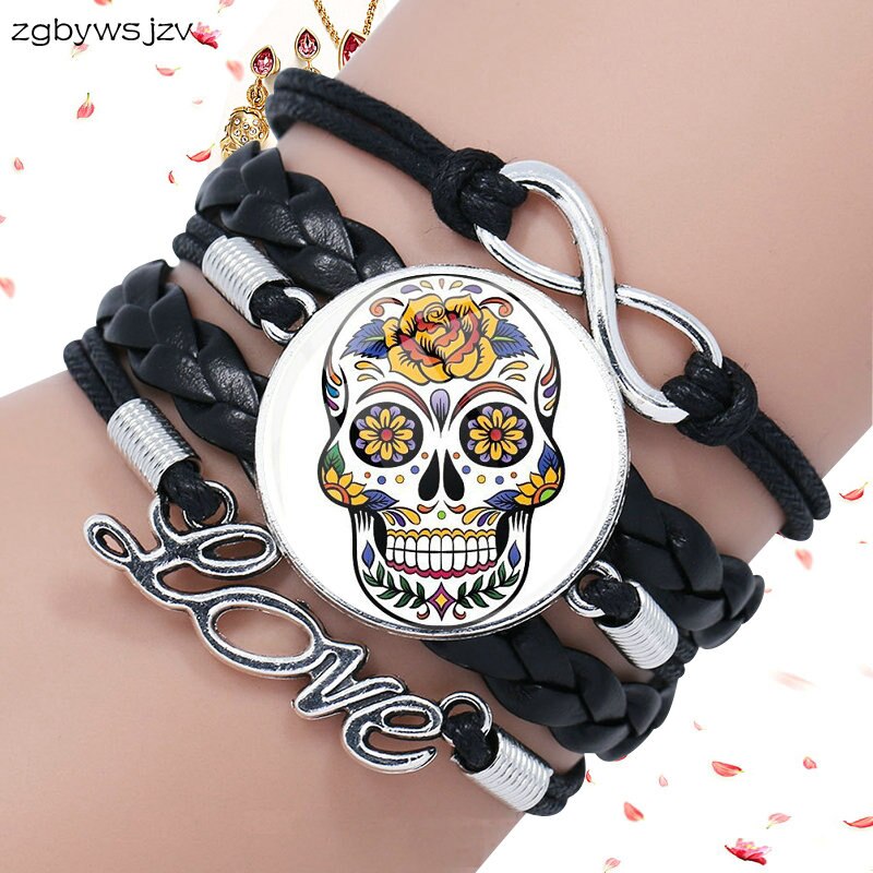 Mexico Sugar Skull Jewelry Glass Cabochon Black Leather Bracelet