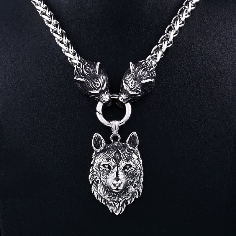 Men stainless steel necklace viking wolf head with Odin