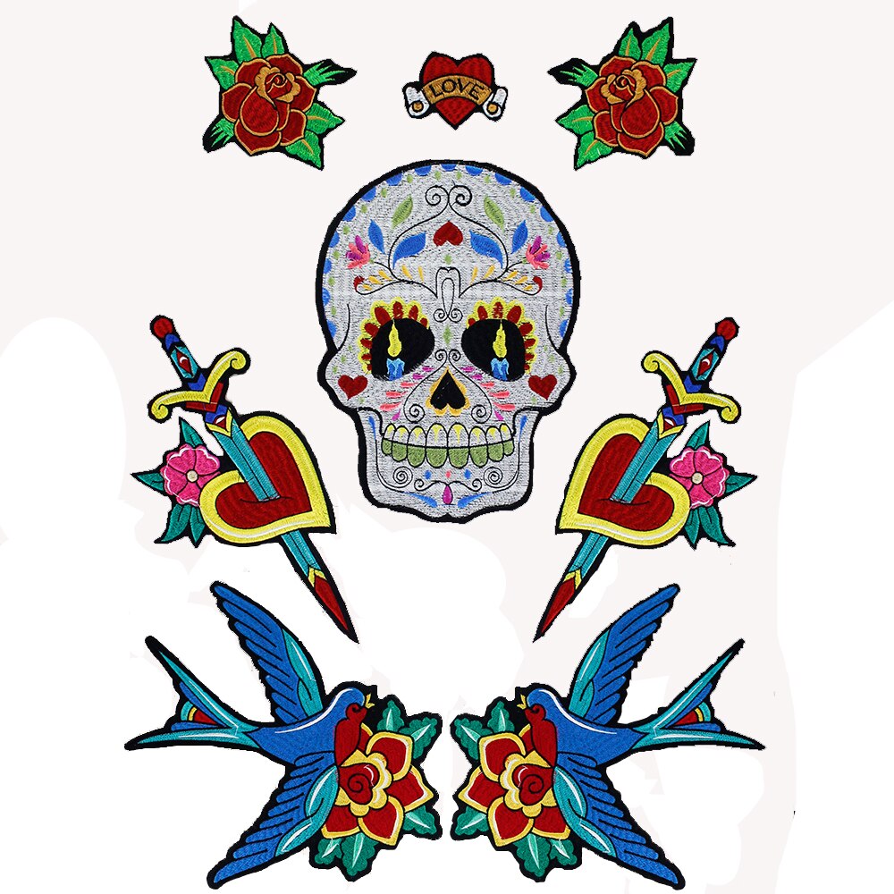 1set Large Bird Flower Patches Sword Love Heart Skull Applique Sew on Iron on Stickers for Dress Clothes Garment Accessories