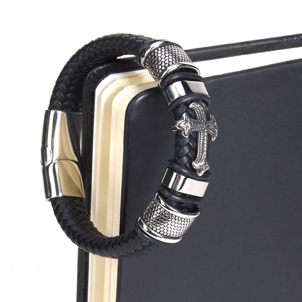 Fashion Punk Genuine Leather Man Cross Bracelet High Quality