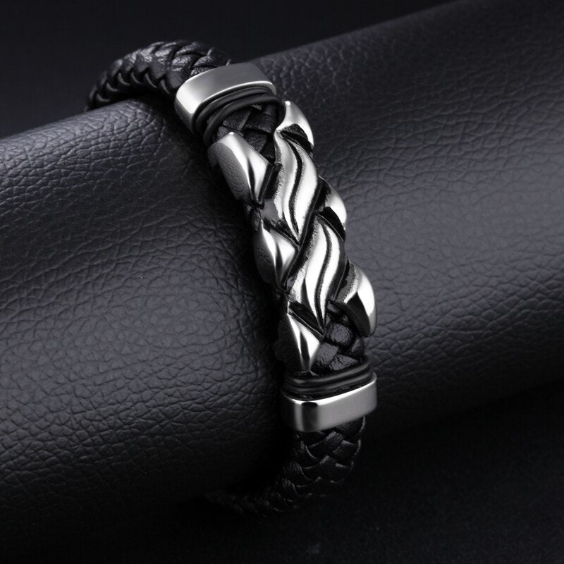 Fashion 2019 NEW Men Jewelry Black Leather Bracelet Stainless Steel