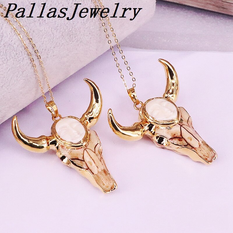 5Pcs Nature Bull Bone Pendant, Gold Filled Bull Head Pendants Necklace