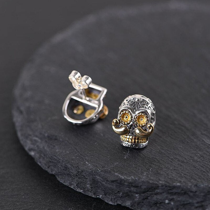 100% Real 925 Sterling Silver Skull & Long Beard Stud Earrings