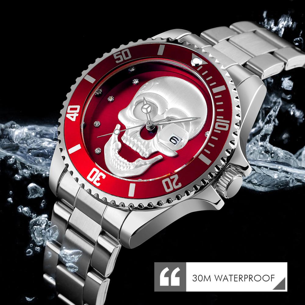 Skull Quartz Watch Men Skeleton Creative Watches Stainless Steel Male Clock Waterproof Wristwatch