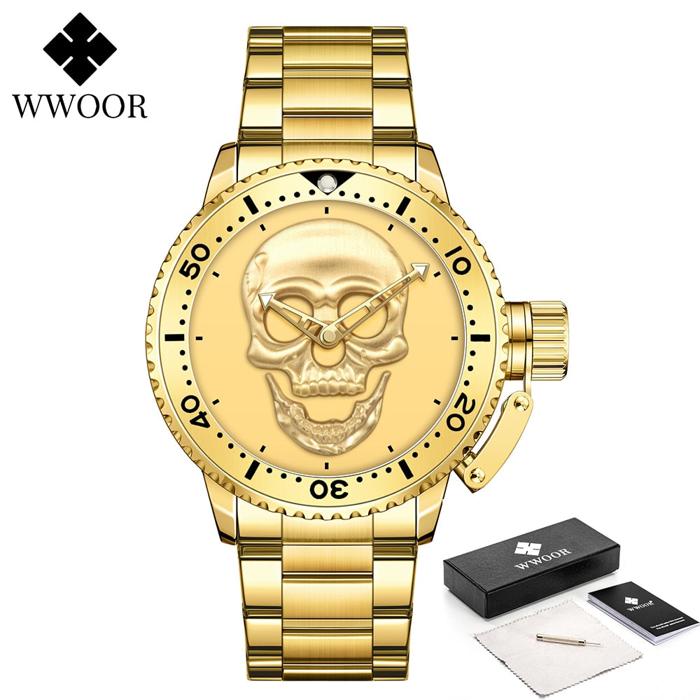 Skull skeleton Luxury Brand Gold Black Skull Men Watches with Stainless Steel Sports Waterproof Quartz Clocks Male Creative Wristwatches