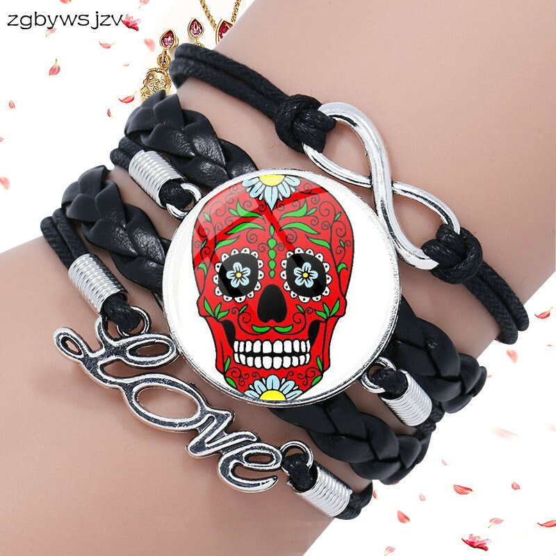 Mexico Sugar Skull Jewelry Glass Cabochon Black Leather Bracelet
