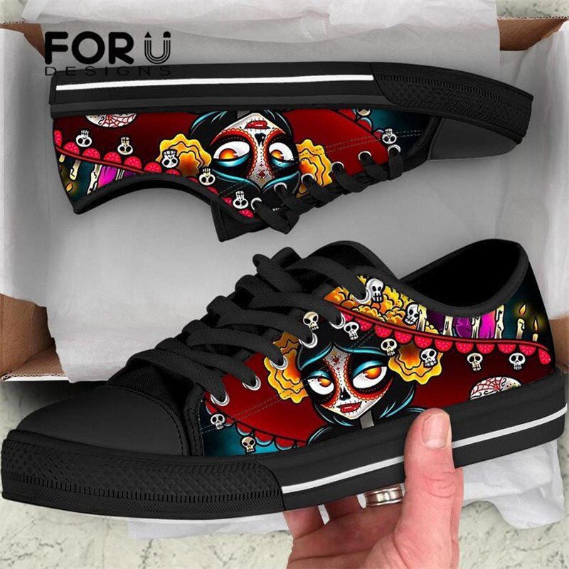 Cool Sugar Skull Pattern Women Casual Flats Shoes Lady Comfortable Canvas Shoes