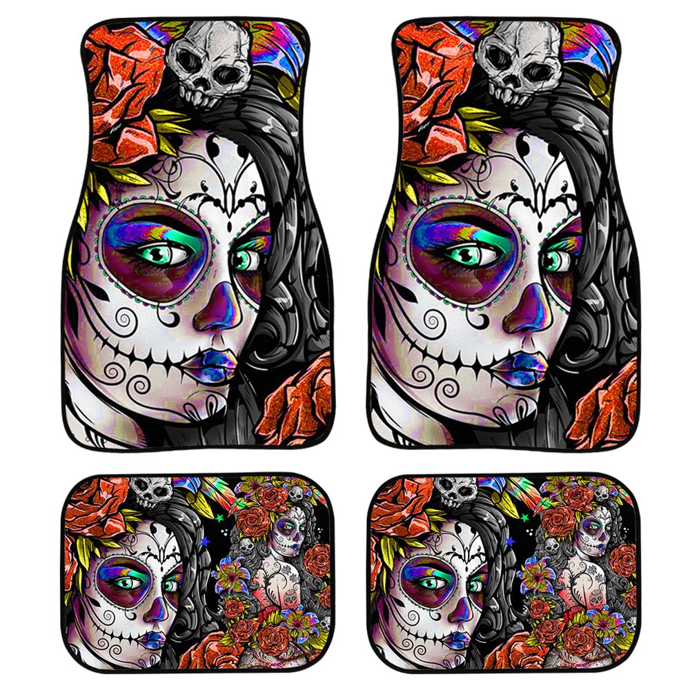 4pcs/Set Day Of The Dead Skull Gothic Car Floor Washable Mats for Front and Back