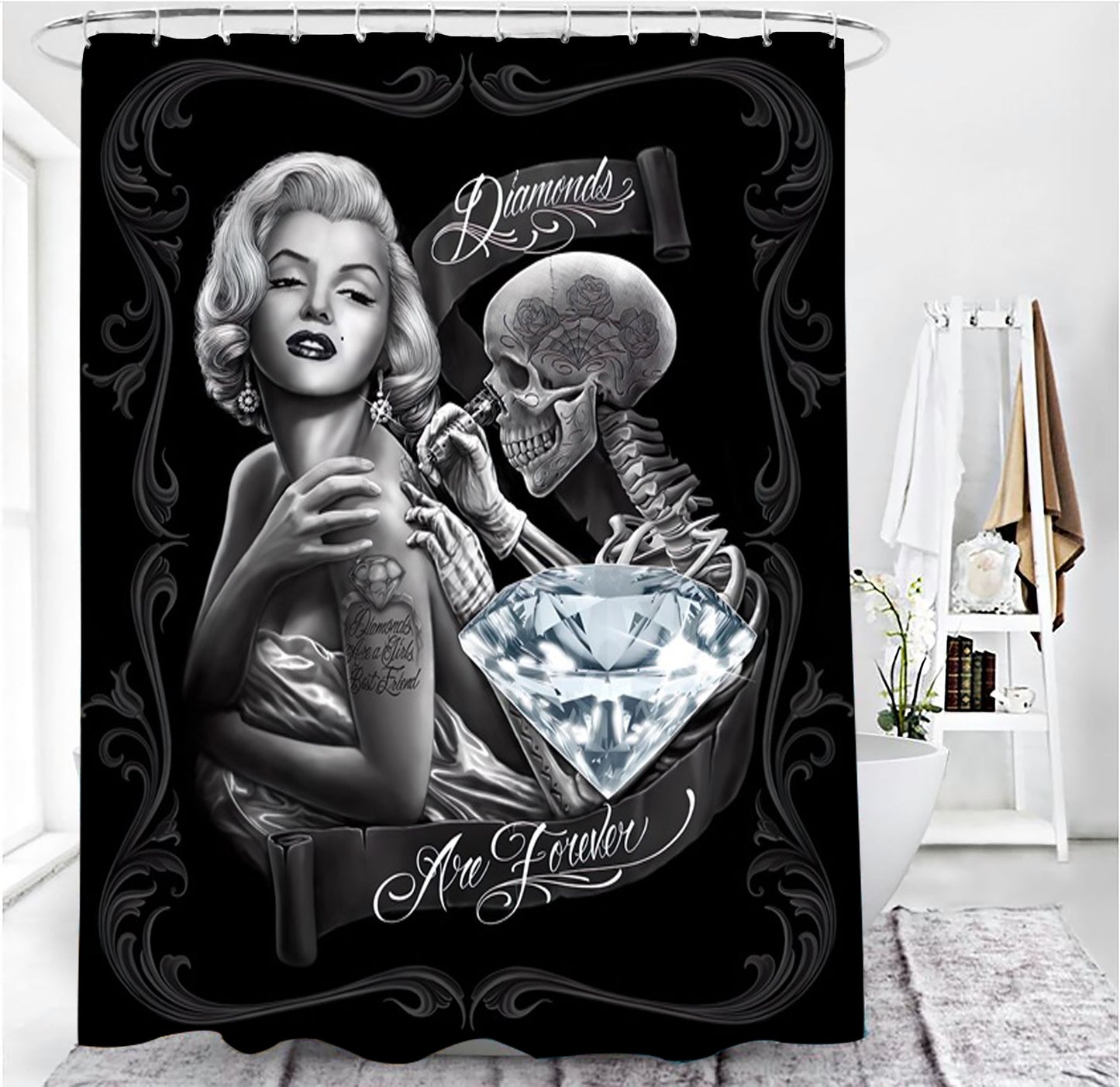 Halloween Skeleton Printed Shower Curtains Black Punk Bathroom Curtain Set