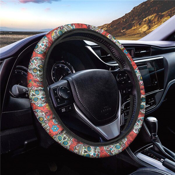 Sugar Skull Printed Full Lined Soft Padding Steering Wheel Cover