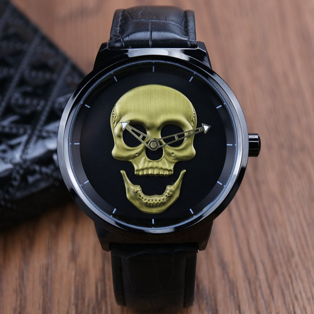 AISHY Fashion Men's Waterproof Stainless Steel Belt Skull Head Leather Copy Watch Ghost Head Male Wristwatches Reloj Hombre