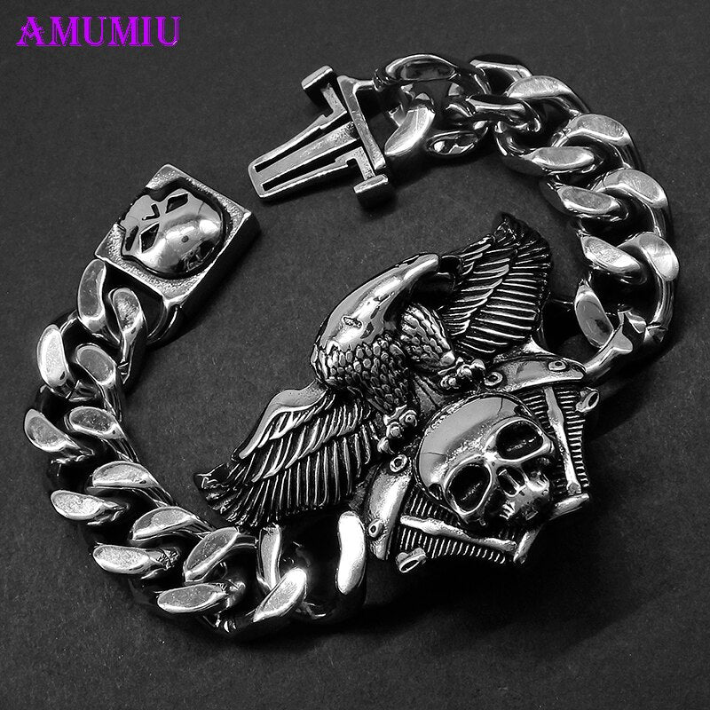 Eagle Skull Head Bracelets For Men Stainless Steel Charm Link Chain