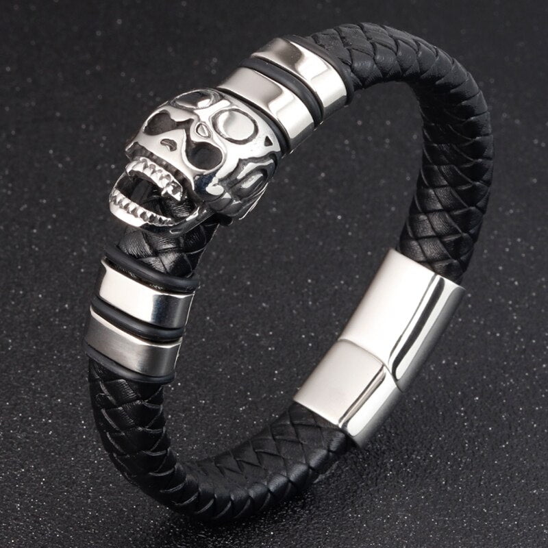 Gothic Smile Skull Leather Bracelet Men Vintage Bangles Stainless Steel