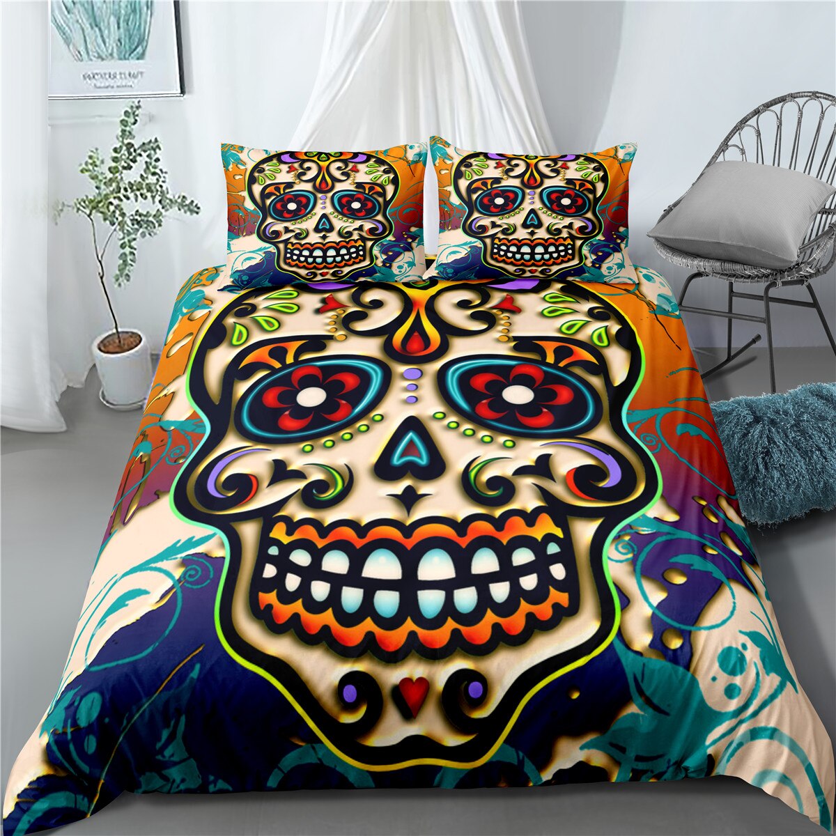 Sugar Skull Bedding Set Queen Size Flower Skull Bed Linen Double Duvet Cover