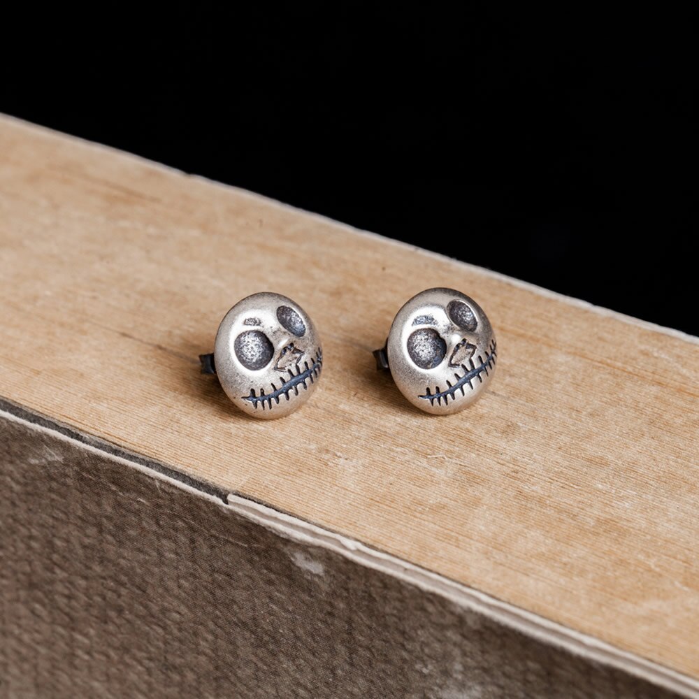 925 Sterling Silver Stud Earrings Pumpkin Prince Jack Skull