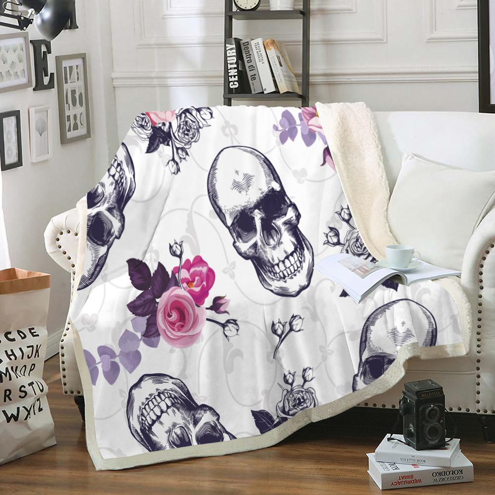 Skull Blanket Floral Skull Throw Blanket Black White Background Sherpa Fleece Blanket