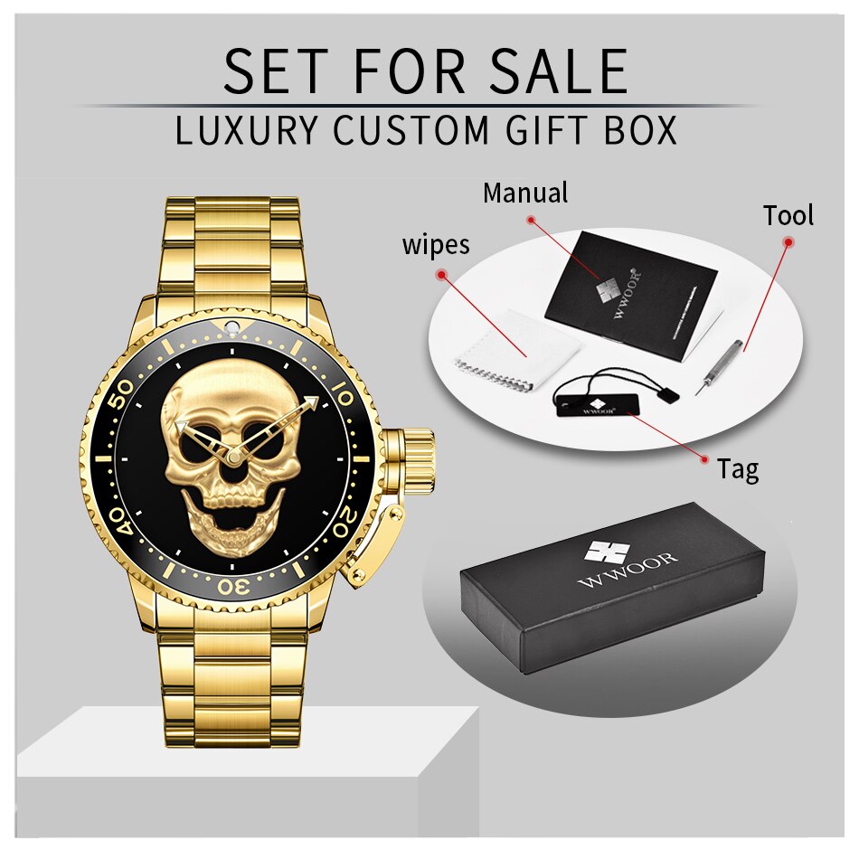 Skull skeleton Luxury Brand Gold Black Skull Men Watches with Stainless Steel Sports Waterproof Quartz Clocks Male Creative Wristwatches