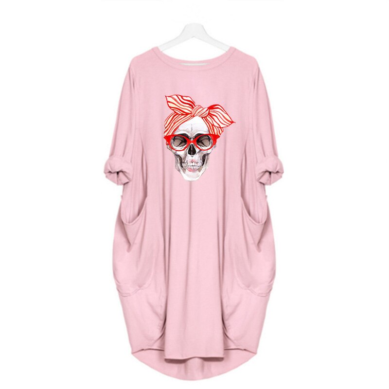 Plus Size 5XL Women's Dress Skull Print Long Sleeve O Collar Pocket