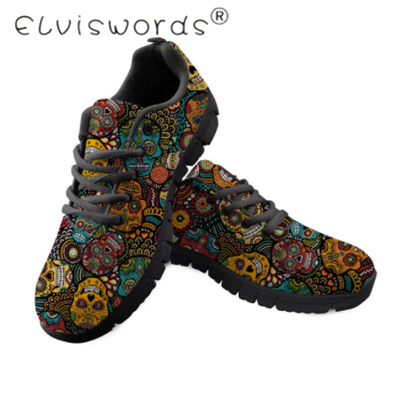 Women Flats Shoes Sugar Skull Calavera Pattern Lace Up Sneakers Running Shoes