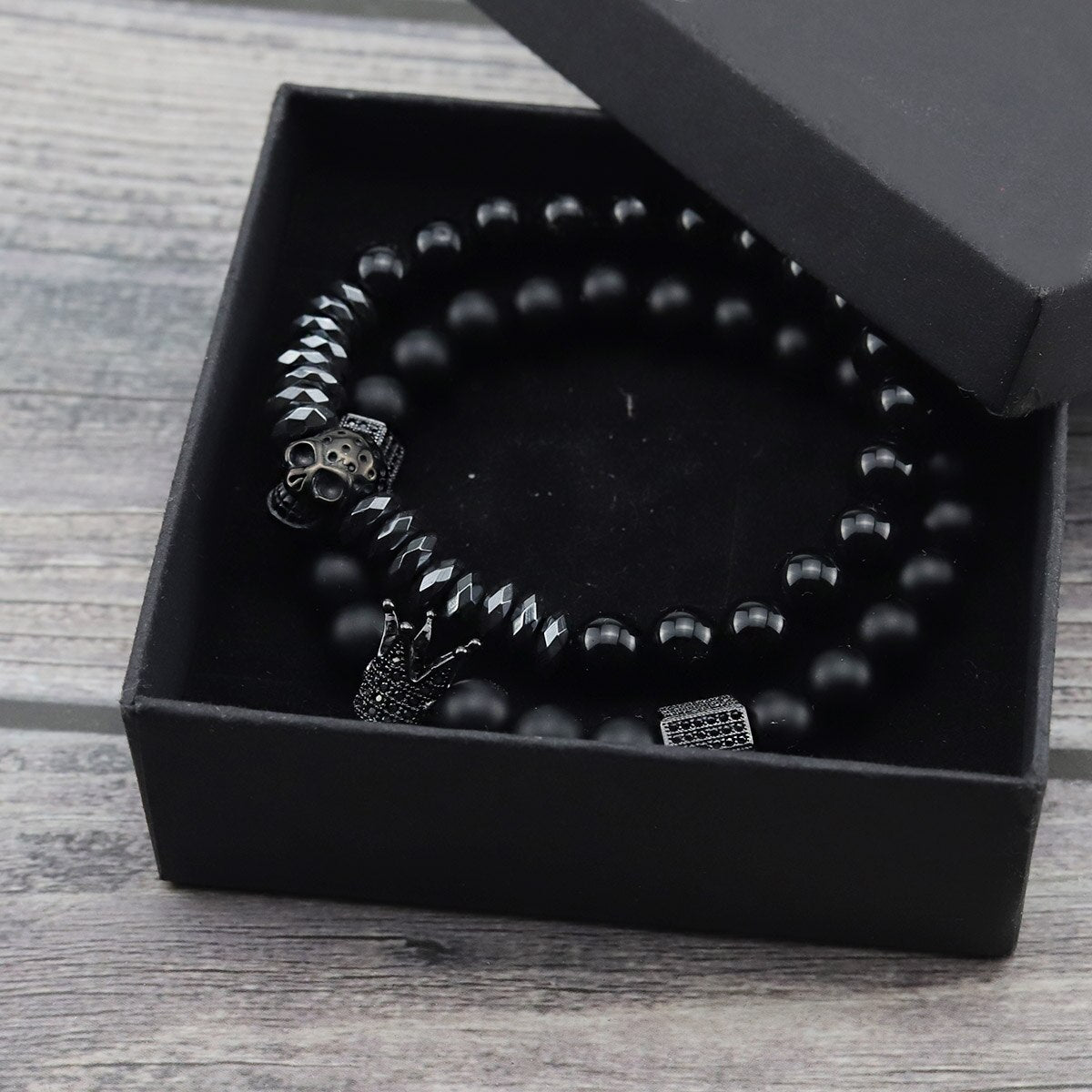 2pcs/Set Natural stone beads Bracelet Luxury CZ Crown Stainless Steel