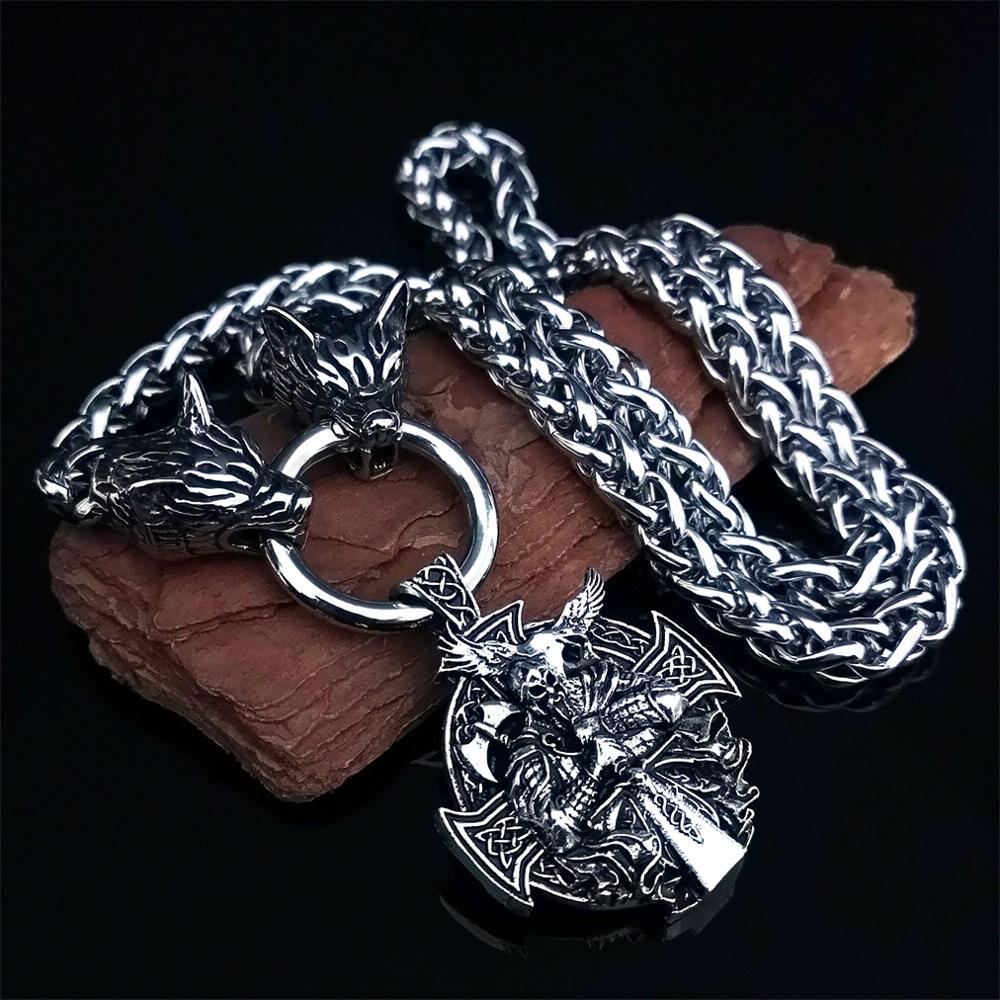 Nordic Viking men's stainless steel necklace wolf head chain