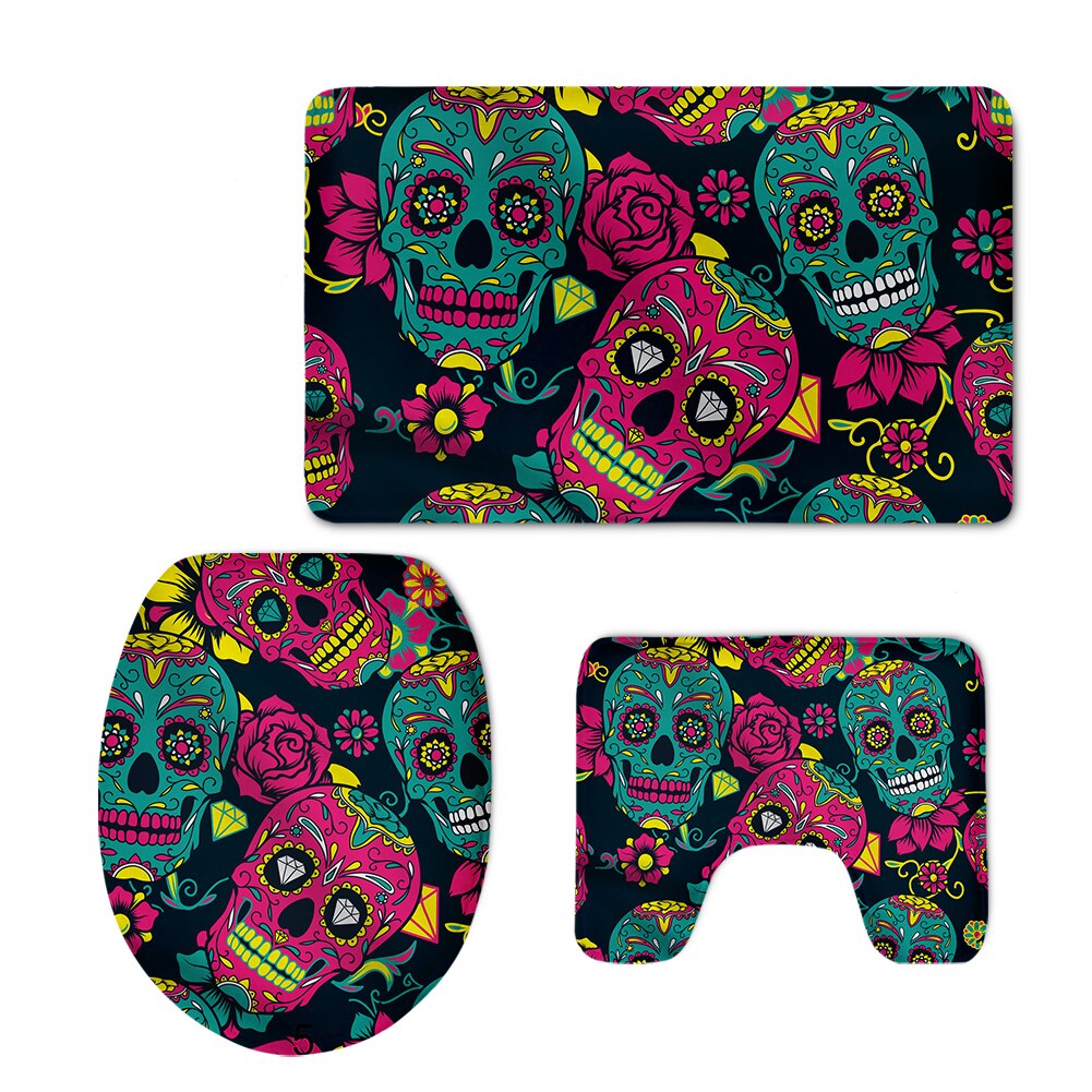 Sugar Skulls Bathroom Seat Cover Set Halloween Skull Design Toilet Carpet Cover