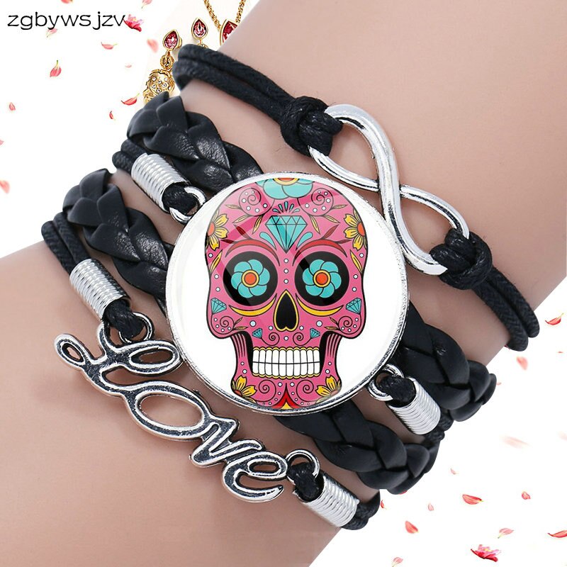 Mexico Sugar Skull Jewelry Glass Cabochon Black Leather Bracelet