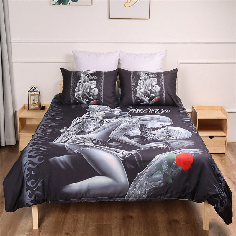 3D Skull Beauty Kiss Rose Bedding Set Gothic Polyester Duvet Cover Set