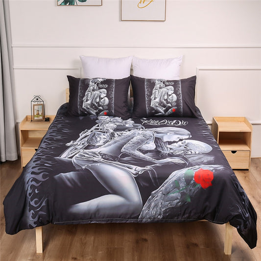 3D Skull Beauty Kiss Rose Bedding Set Gothic Polyester Duvet Cover Set