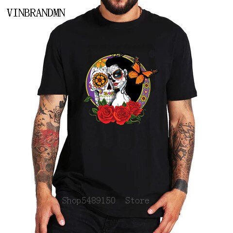 Strange Day Of The Dead T Shirt Sugar Skull Girl With Rose Tattoo T-Shirt Cool Fashion Summer Clothes For Men Boys Horror Tshirt
