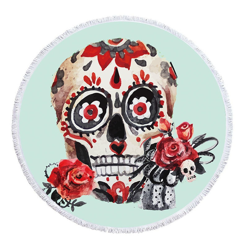3D Sugar Skull Printed Beach Towel With Tassel Microfiber Large Bath Towel