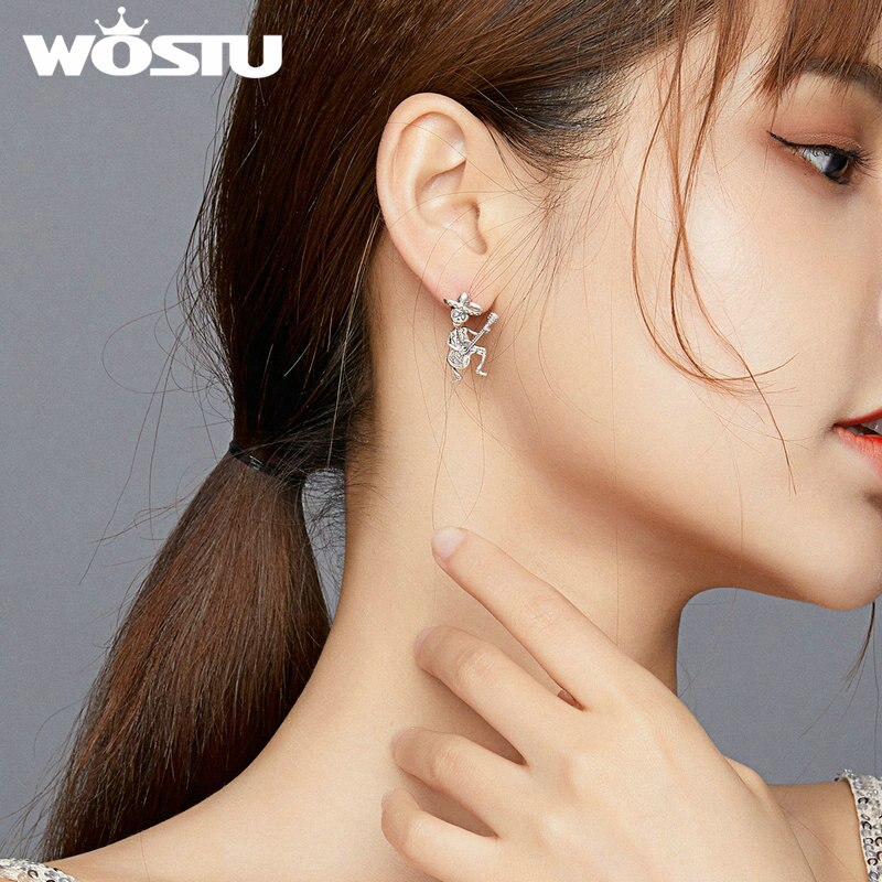 Wostu Oxidized silver Stud Earrings for Women Skull Man with Guitar Jewelry Gift