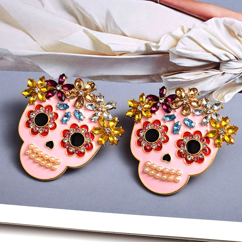 Luxury Metal Oil Colorful Crystal Skull Earrings High quality Rhinestone