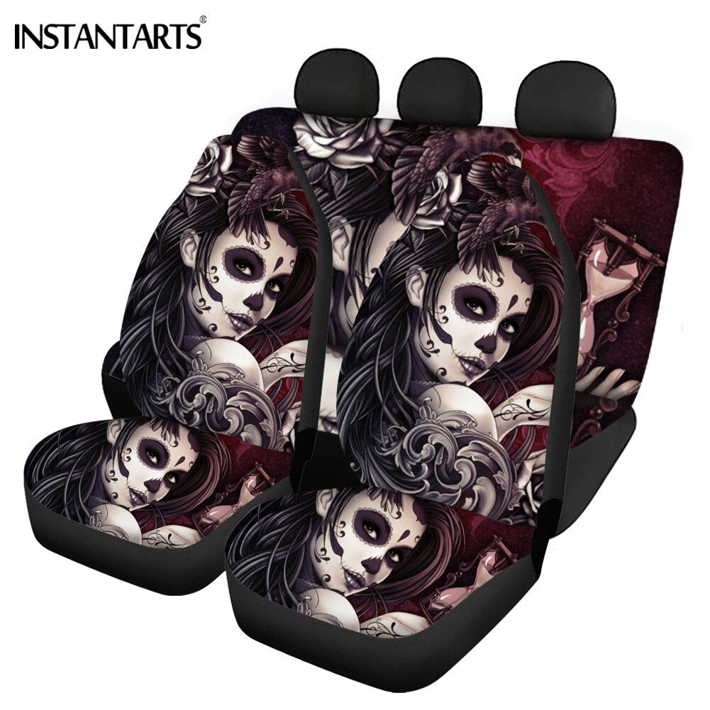 Full Set Car Full Set for Women Stylish Car Seat Cover Sugar Skull Print Washable General Front and Rear Seat Cover