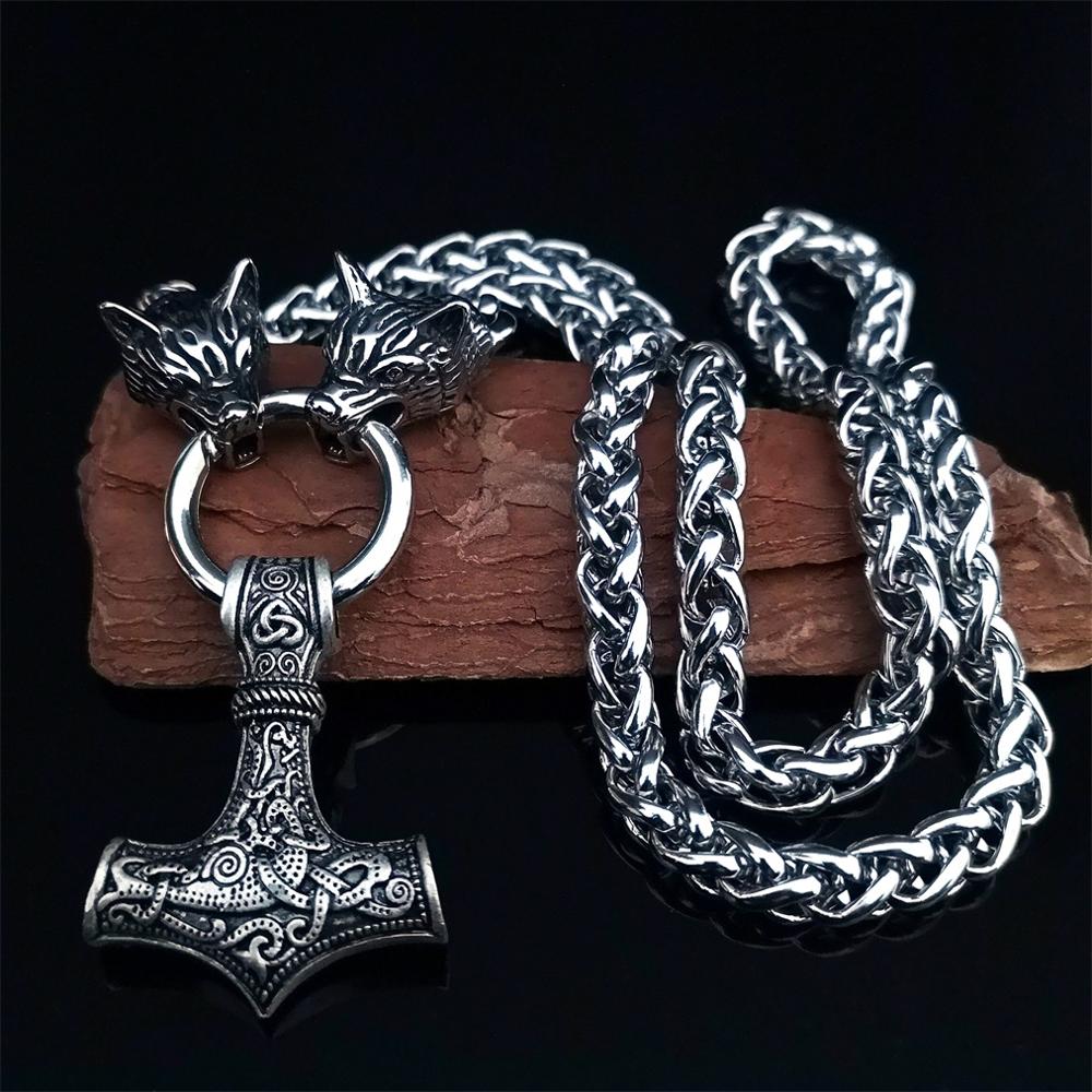 Nordic Viking men's stainless steel necklace wolf head chain