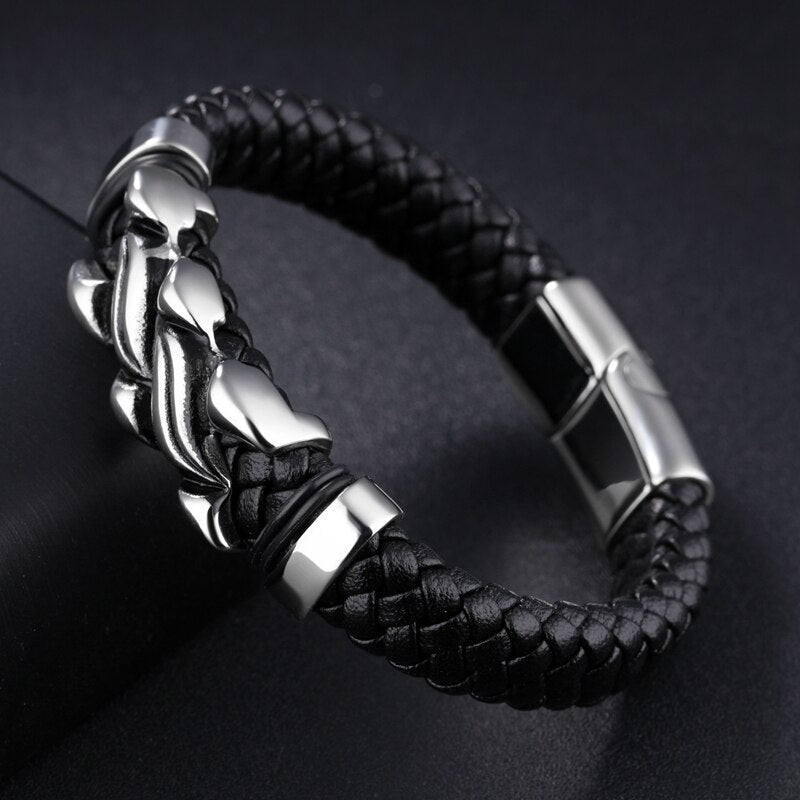 Fashion 2019 NEW Men Jewelry Black Leather Bracelet Stainless Steel